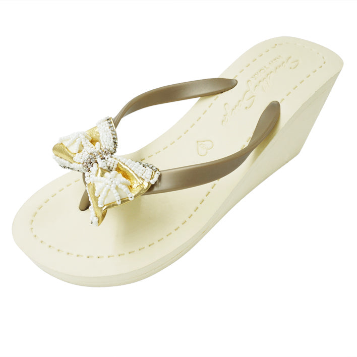 Gold and Pearl Bow- Embellished Women's High Wedge Flip Flops Sandal