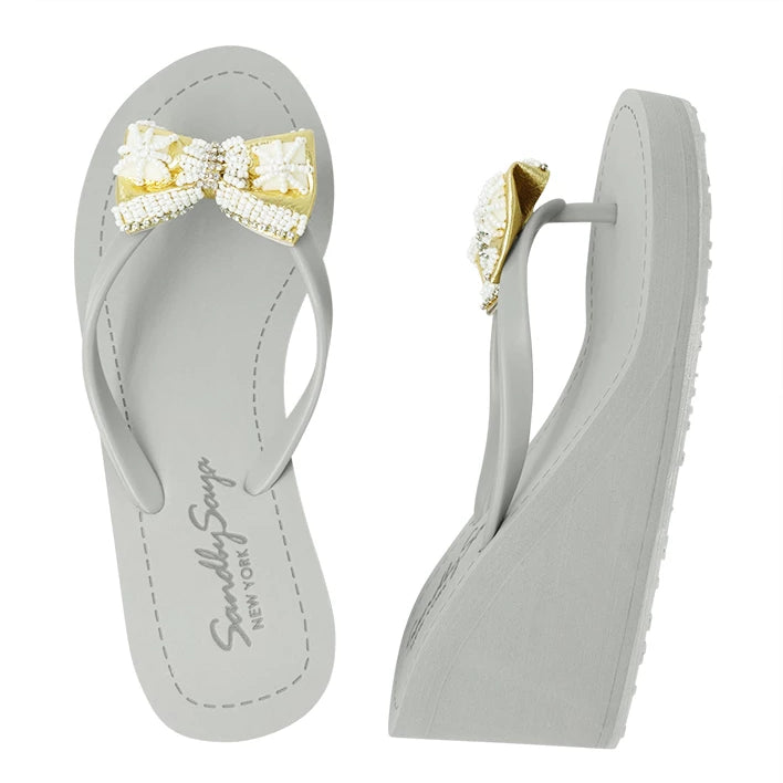 Gold and Pearl Bow- Embellished Women's High Wedge Flip Flops Sandal