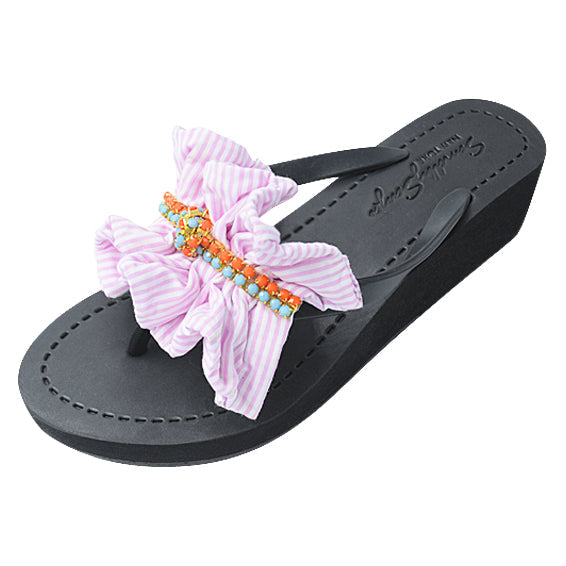 Pink Hudson- Stipe Ruffle Mid Wedge Flip Flops