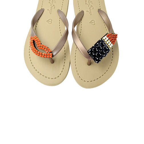 Lips - Rhinestone Embellished Flat Flip Flops Sandal for Women