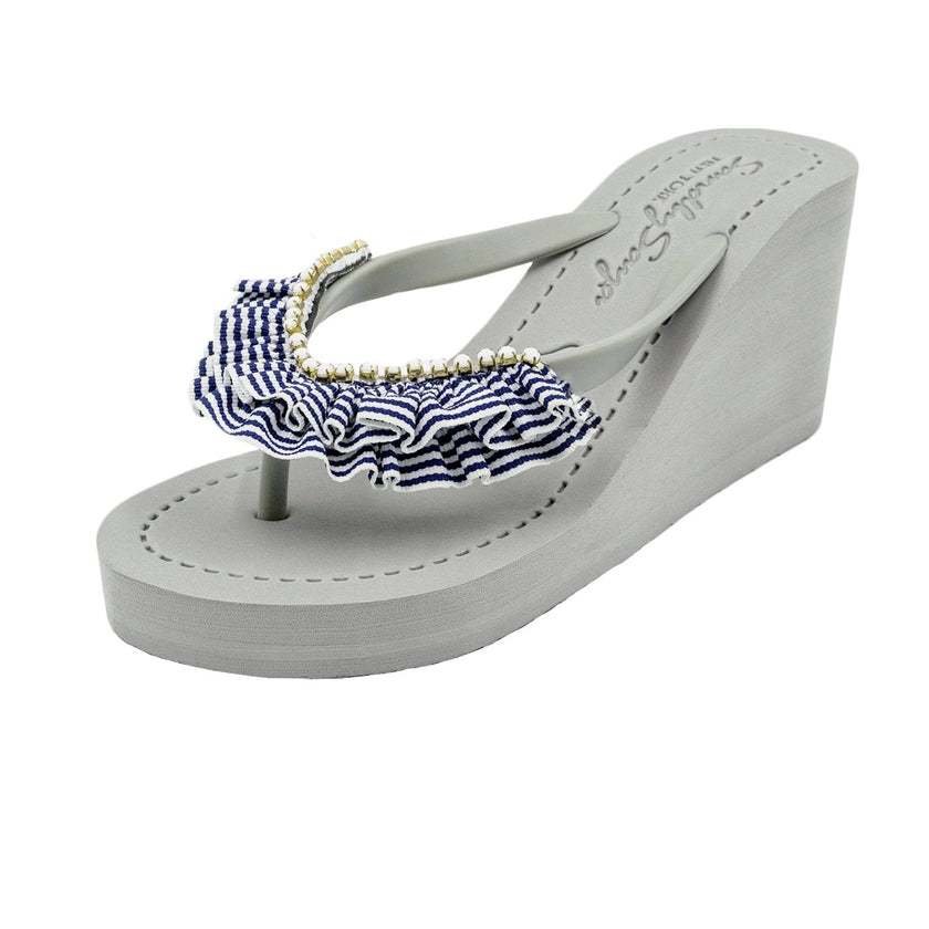 Rockaway Stripe - Marine Blue and White Rhine Stone High Wedge Flip Flops Sandal