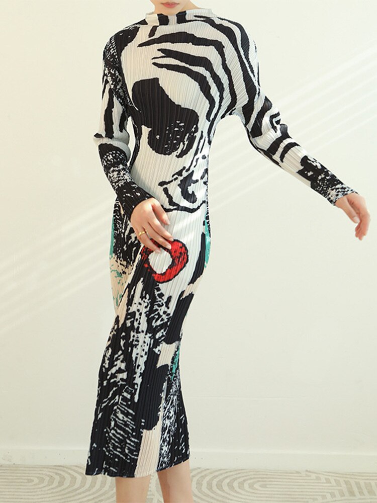 Zebra Printing Pleated Dress Women's Turtleneck Long Sleeves Slim Dresses Autumn Summer Elegant Clothing