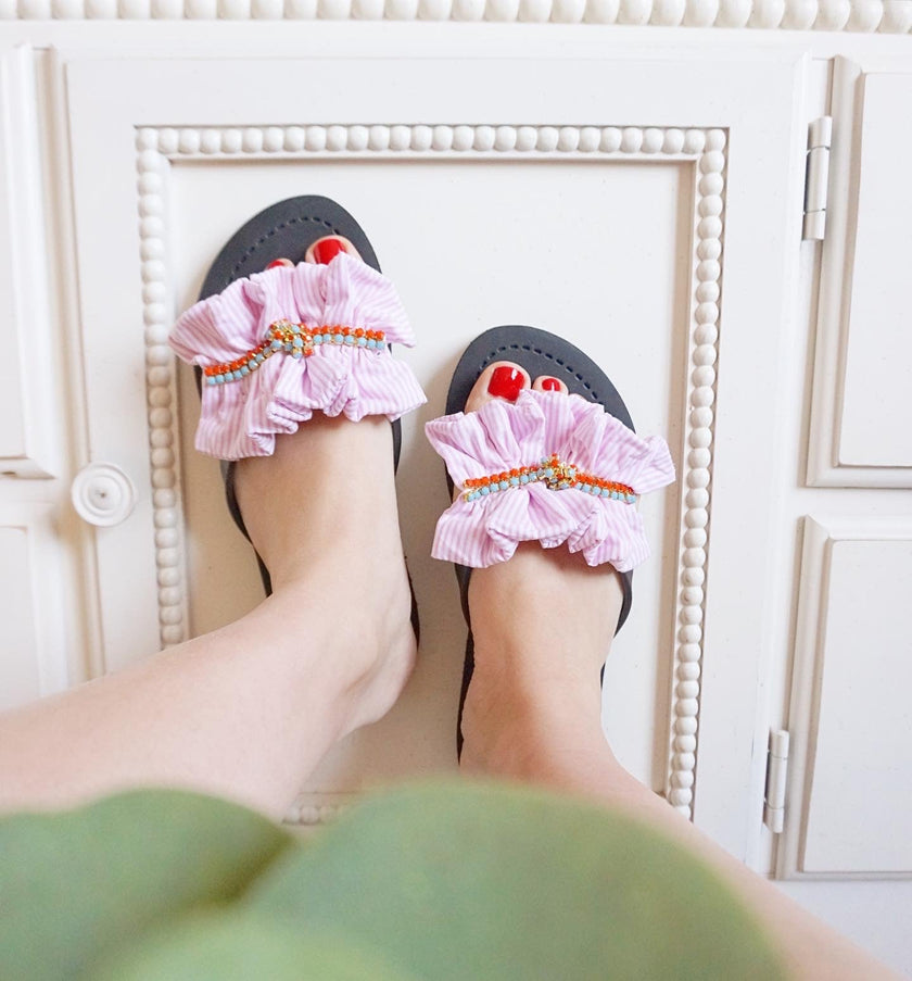 Pink Hudson- Stipe Ruffle Mid Wedge Flip Flops