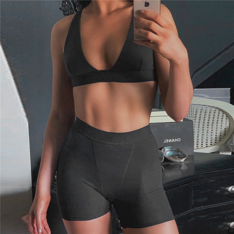TG037  Hot Sale Women's V-Neck Sports 2 Piece Yoga Set Solid Color Custom Bra and Legging Yoga Wear