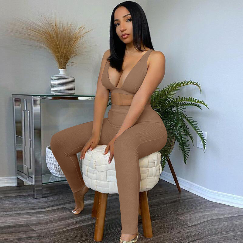 TG037  Hot Sale Women's V-Neck Sports 2 Piece Yoga Set Solid Color Custom Bra and Legging Yoga Wear