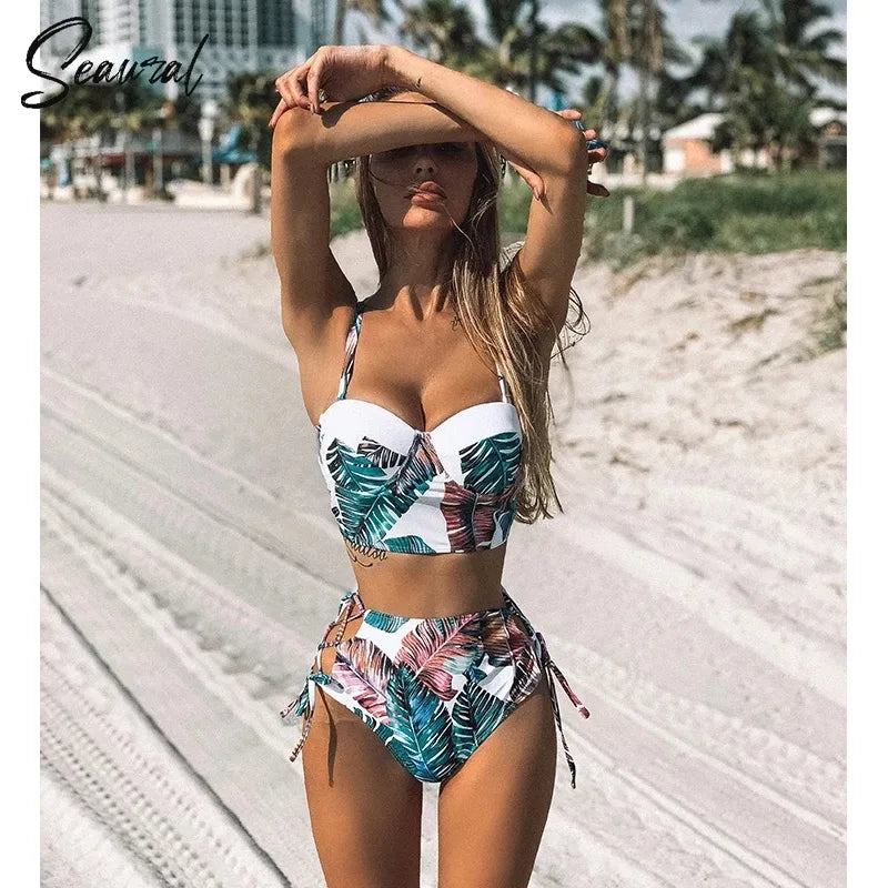 High Waist Push-Up Bandage Floral Bikini Set - Strappy Two-Piece Swimwear