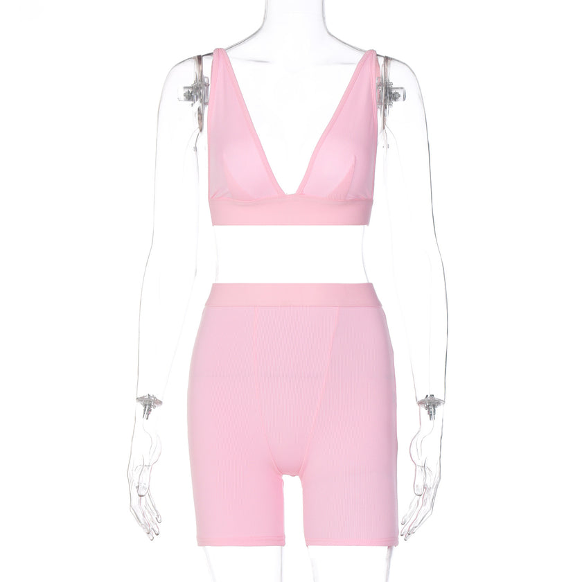 TG037  Hot Sale Women's V-Neck Sports 2 Piece Yoga Set Solid Color Custom Bra and Legging Yoga Wear