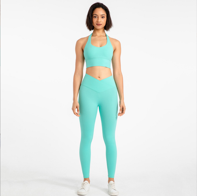 Candy Colors Women's Activewear Halter Top & Sports Bra Yoga Leggings Set
