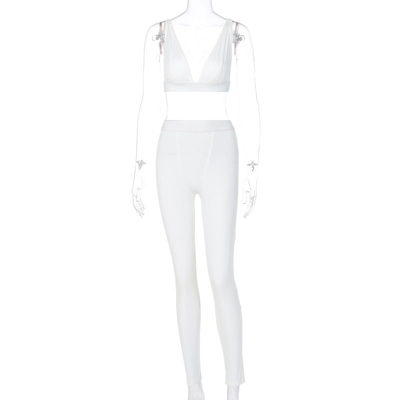 TG037  Hot Sale Women's V-Neck Sports 2 Piece Yoga Set Solid Color Custom Bra and Legging Yoga Wear