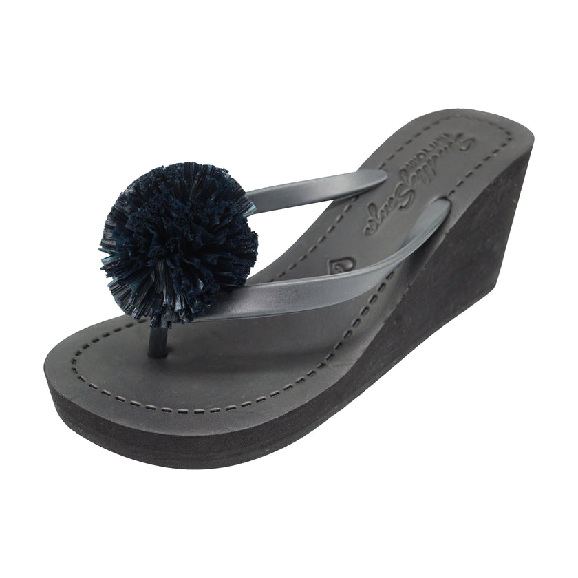 Raffia Pom Poms - Embellished Women's High Wedge Flip Flops Sandal