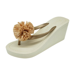 Raffia Pom Poms - Embellished Women's High Wedge Flip Flops Sandal