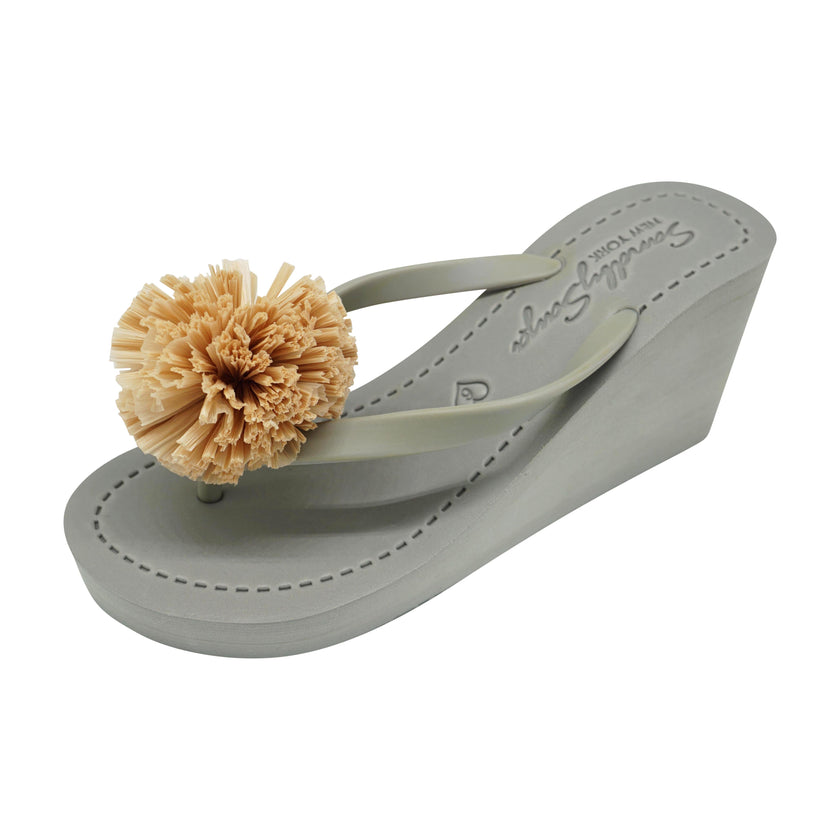 Raffia Pom Poms - Embellished Women's High Wedge Flip Flops Sandal