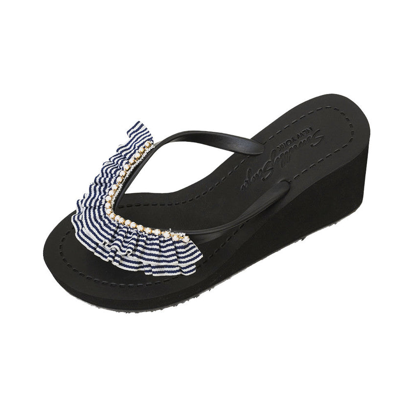 Rockaway Stripe - Marine Blue and White Rhine Stone High Wedge Flip Flops Sandal