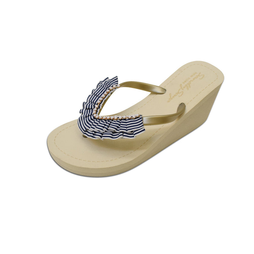Rockaway Stripe - Marine Blue and White Rhine Stone High Wedge Flip Flops Sandal