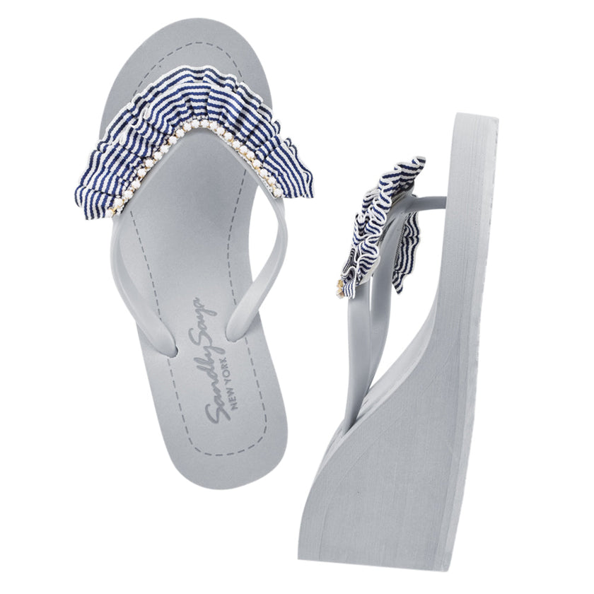 Rockaway Stripe - Marine Blue and White Rhine Stone High Wedge Flip Flops Sandal