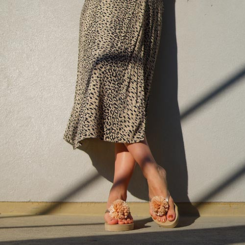 Raffia Pom Poms - Embellished Women's High Wedge Flip Flops Sandal