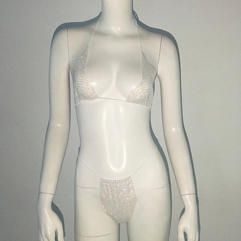 Sparkling Rhinestone Fishnet Bikini - Sexy Sheer Rave & Beach Set