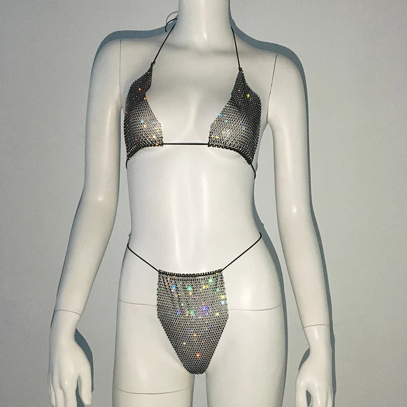 Sparkling Rhinestone Fishnet Bikini - Sexy Sheer Rave & Beach Set
