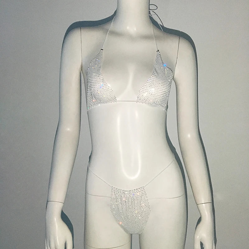 Sparkling Rhinestone Fishnet Bikini - Sexy Sheer Rave & Beach Set