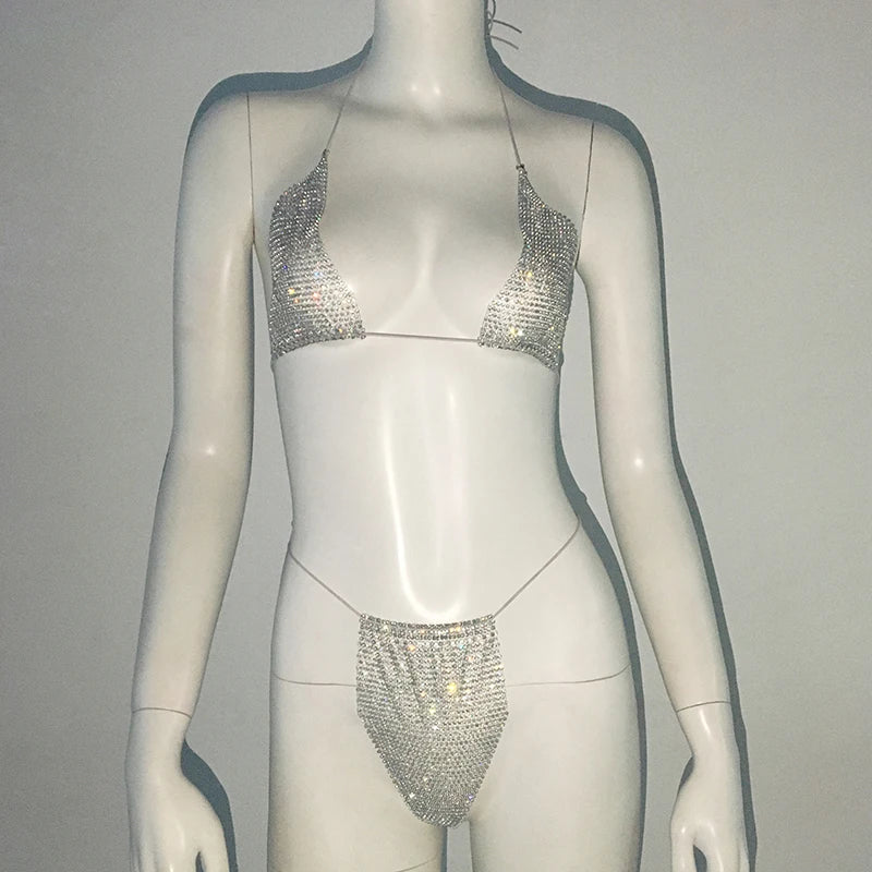 Sparkling Rhinestone Fishnet Bikini - Sexy Sheer Rave & Beach Set