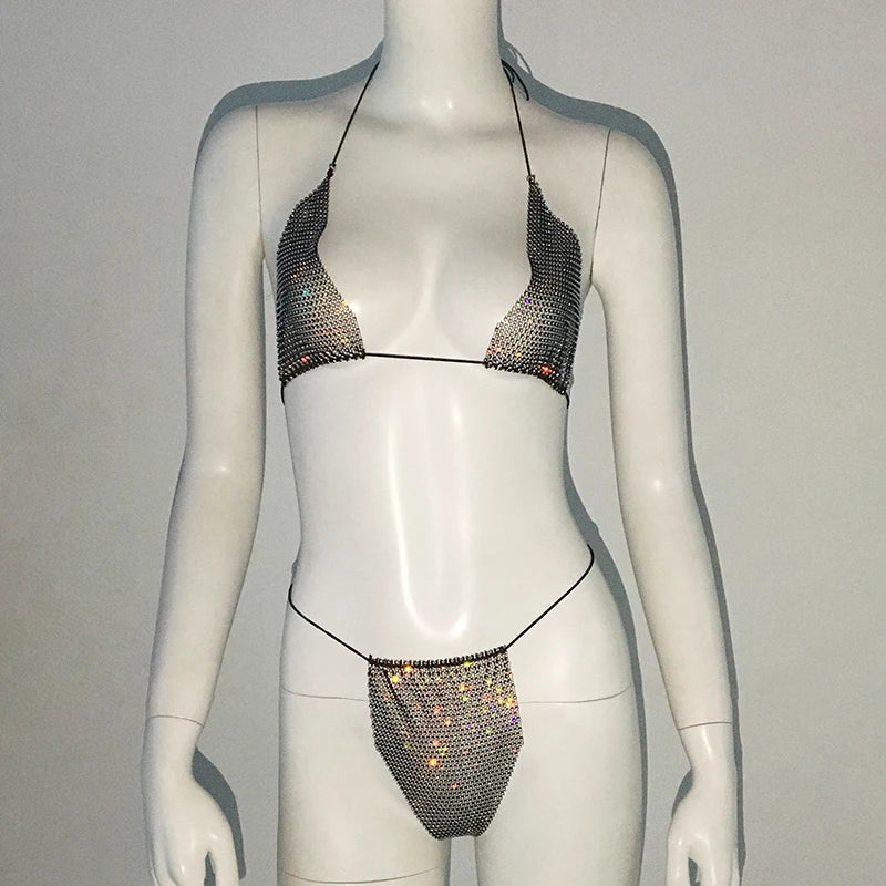 Sparkling Rhinestone Fishnet Bikini - Sexy Sheer Rave & Beach Set