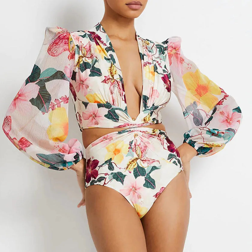 Long-Sleeve Rash Guard Surf Swimsuit with Push-Up Monokini