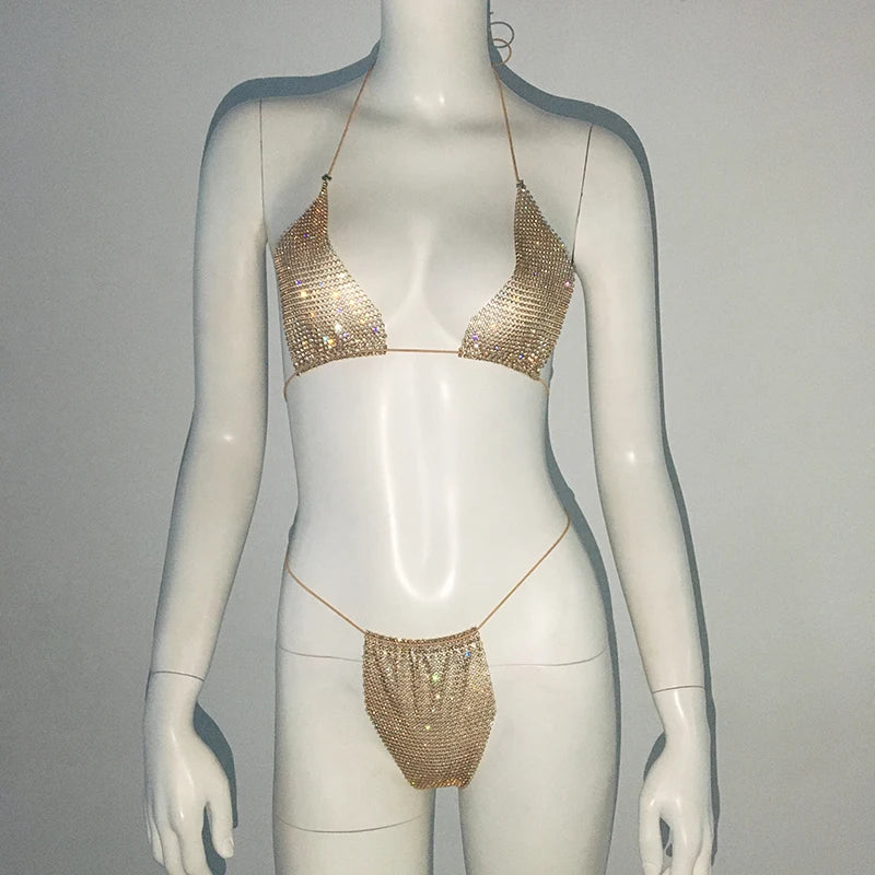 Sparkling Rhinestone Fishnet Bikini - Sexy Sheer Rave & Beach Set