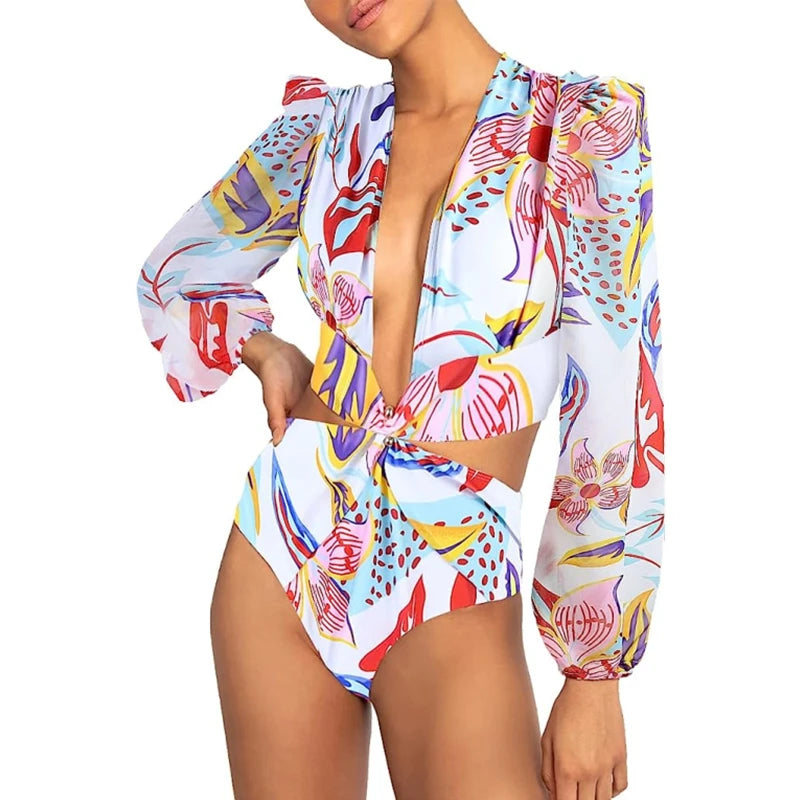 Long-Sleeve Rash Guard Surf Swimsuit with Push-Up Monokini