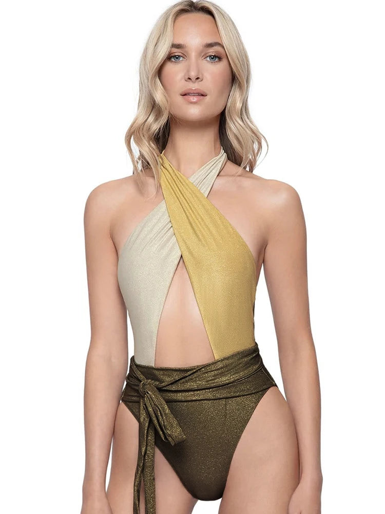 Braided Strap Elegant Hollow Out Blue One Piece Swimsuit