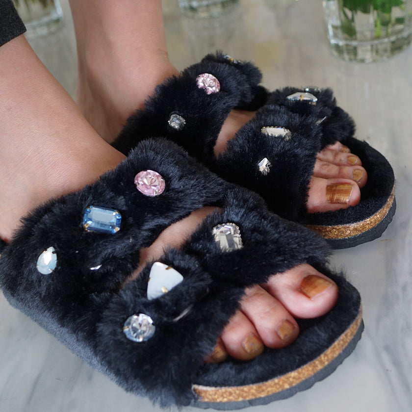 Shearling Fur Slide With Rhinestones - Black Flat Women's Sandals