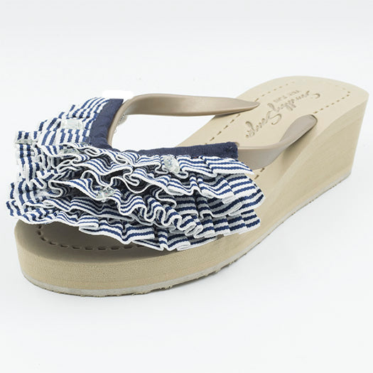 Marine Stripe Ruffle - Triple Rockaway - Women's Mid Wedge Flip Flops