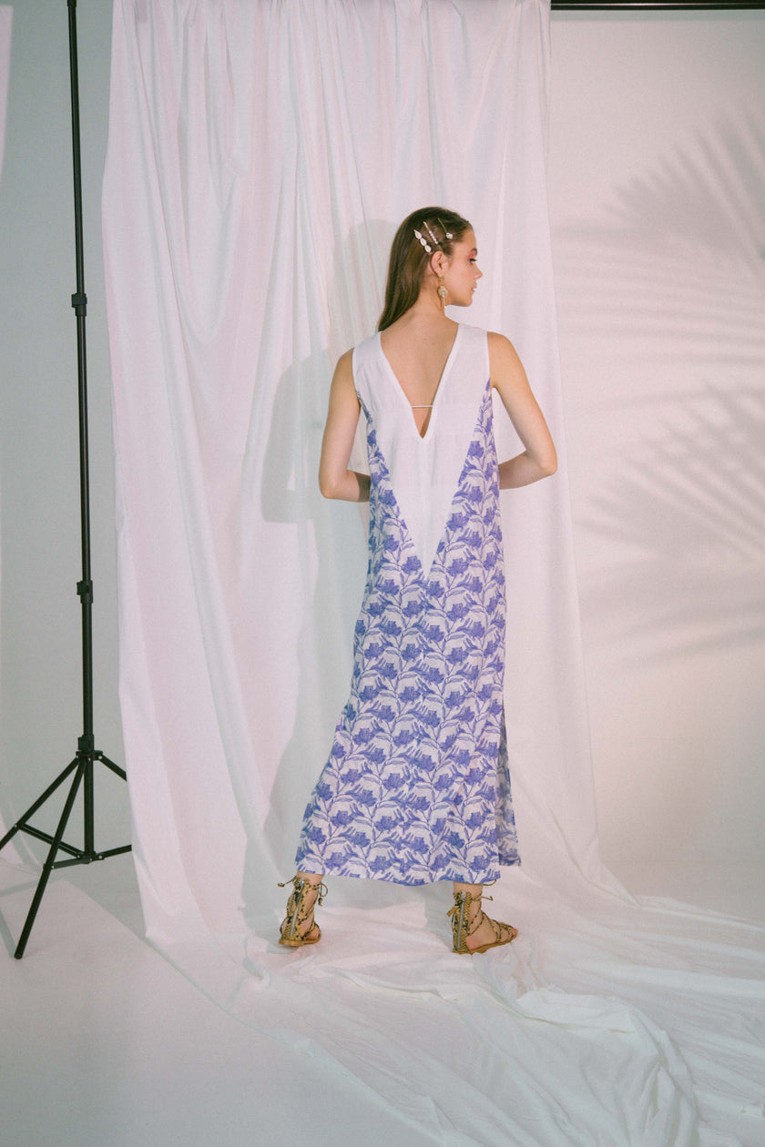 V-Neck Two Tone Beach Maxi Dress in Blue Biro