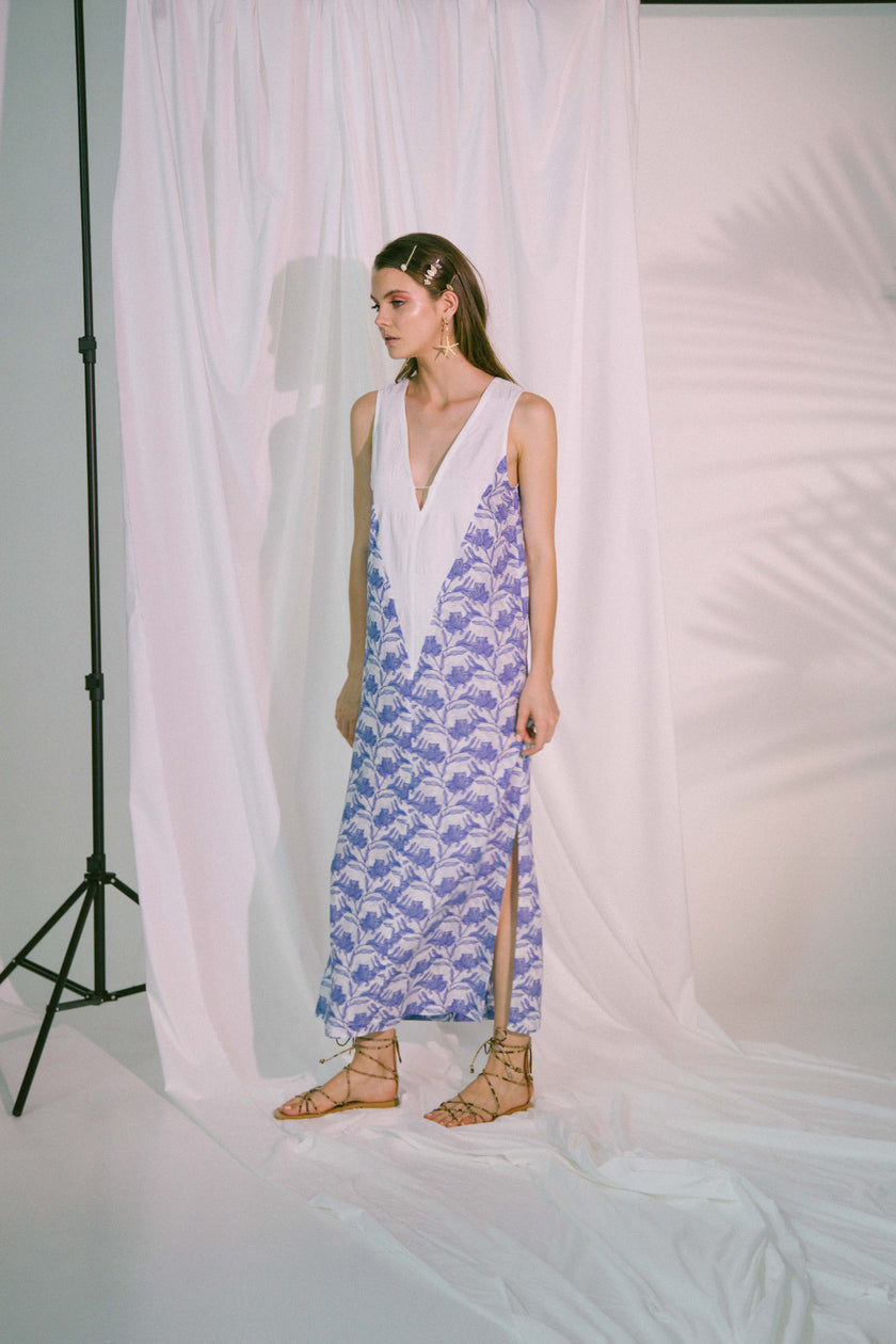 V-Neck Two Tone Beach Maxi Dress in Blue Biro