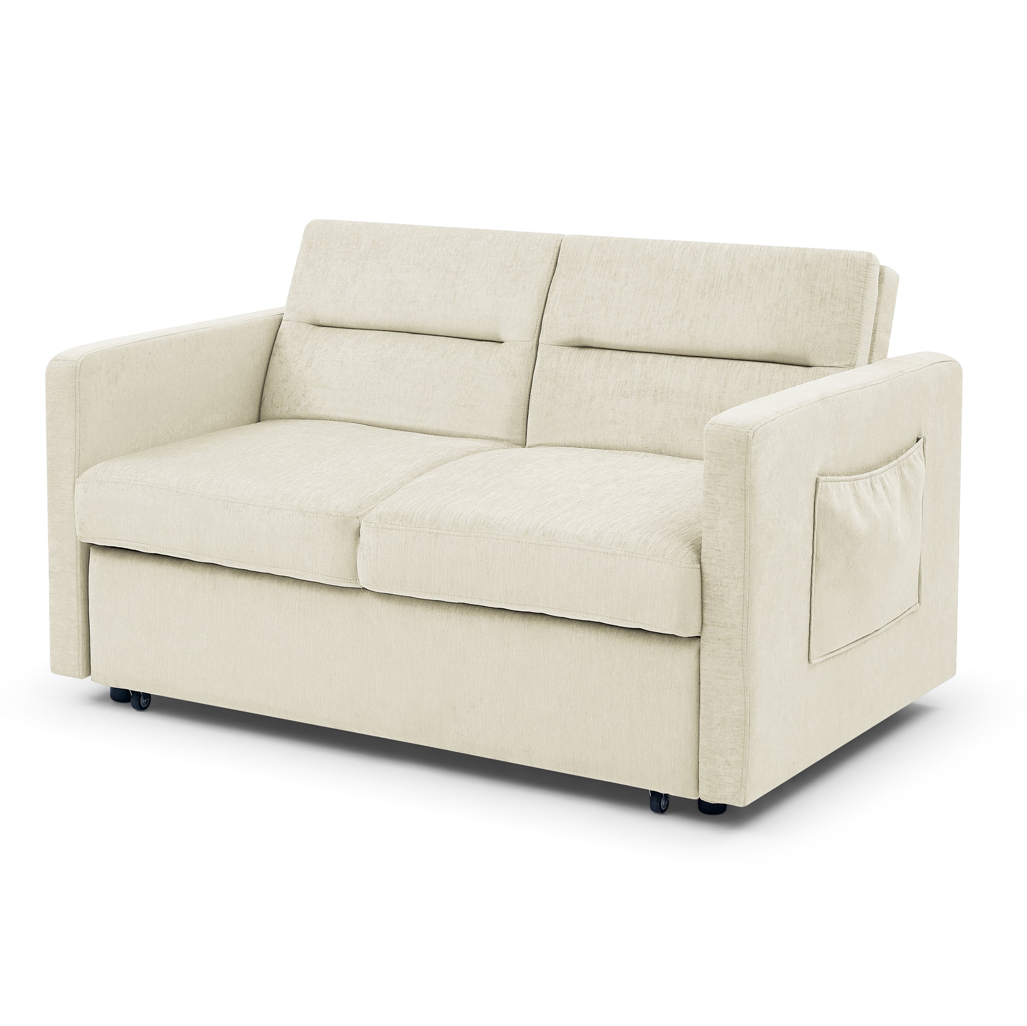 Beige Loveseat Sofa Bed with Pull-Out Bed, Adjustable Back & Arm Pockets