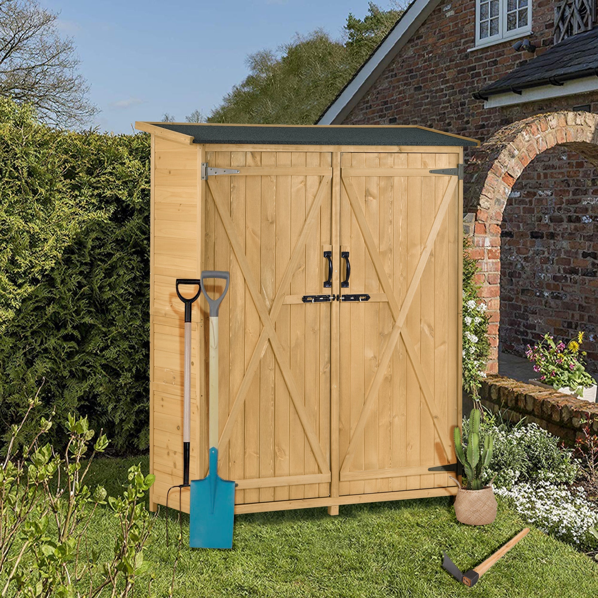 5.3ft Outdoor Wood Storage Shed with Waterproof Roof & Tool Organizer