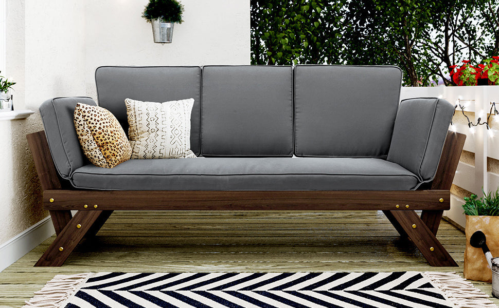 Adjustable Wooden Patio Daybed Sofa with Cushions, Brown + Gray Finish