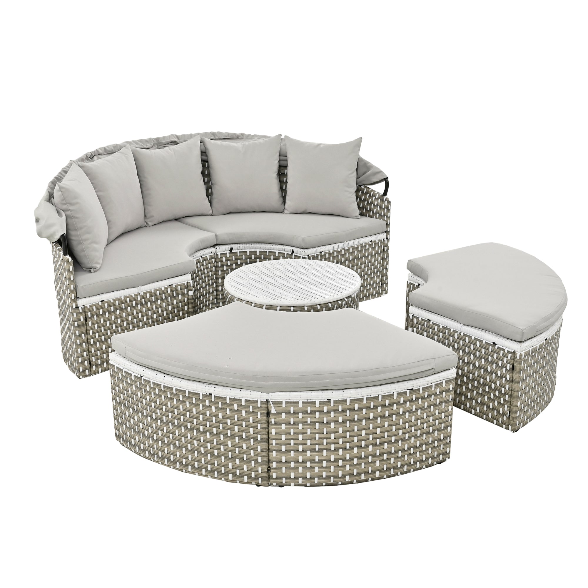 Two-Tone Rattan Outdoor Sectional Sofa Set with Retractable Canopy