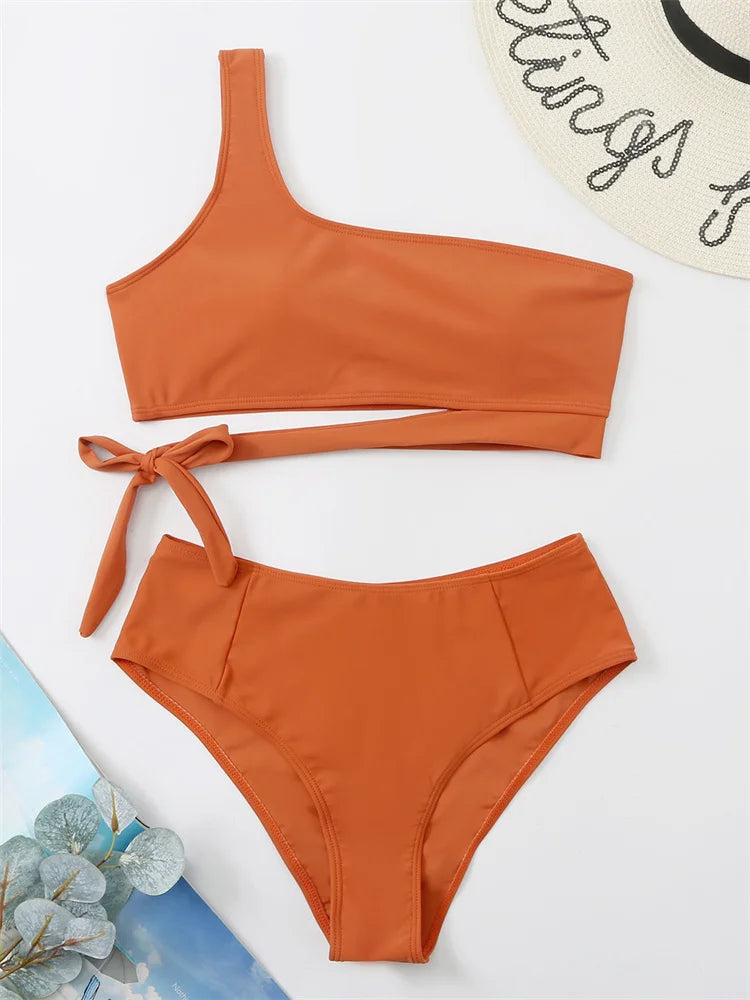 Ensemble bikini taille haute léopard à une épaule - Maillot de bain 2 pièces push-up pour femme