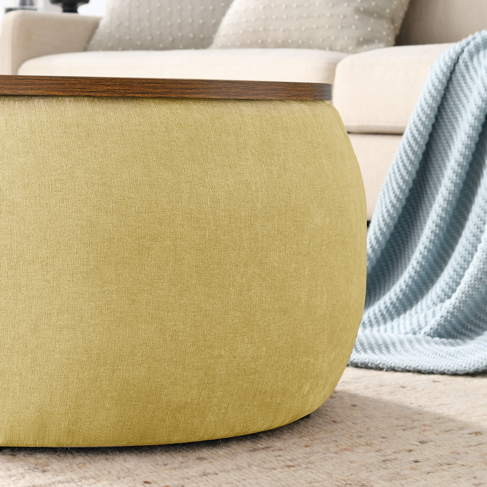 Yellow Round Storage Ottoman, 2-in-1 End Table & Ottoman (25.5