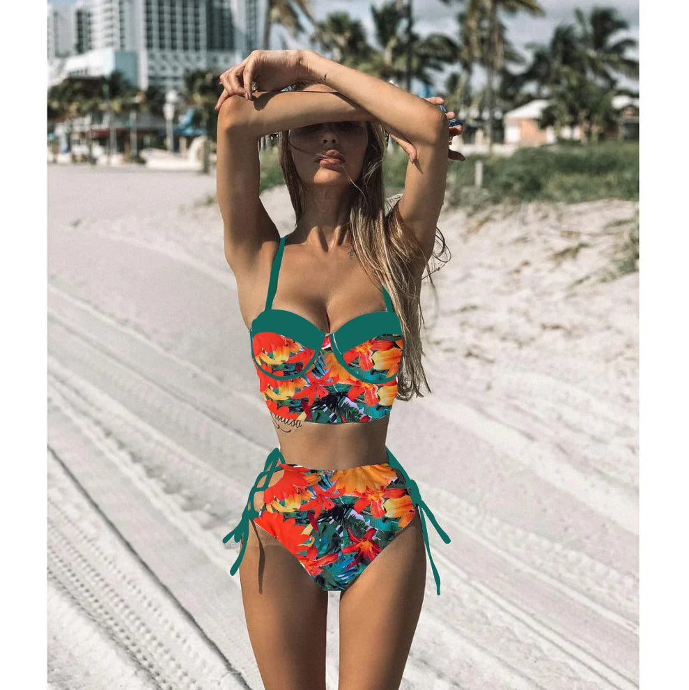 Ensemble de bikini floral bandage push-up taille haute - Maillot de bain deux pièces à bretelles