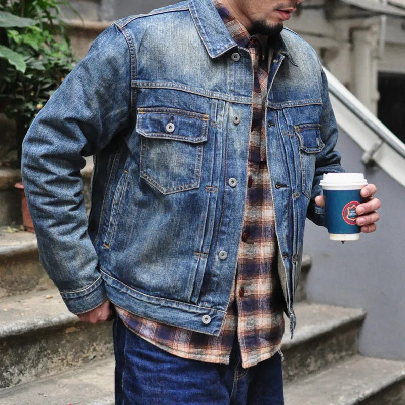 Distressed Selvedge Denim Motorcycle Jacket - American Casual Style