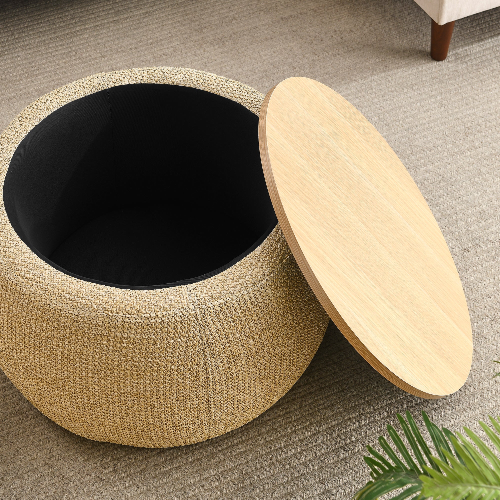 Round Storage Ottoman, 2-in-1 End Table & Ottoman, Natural (25.5