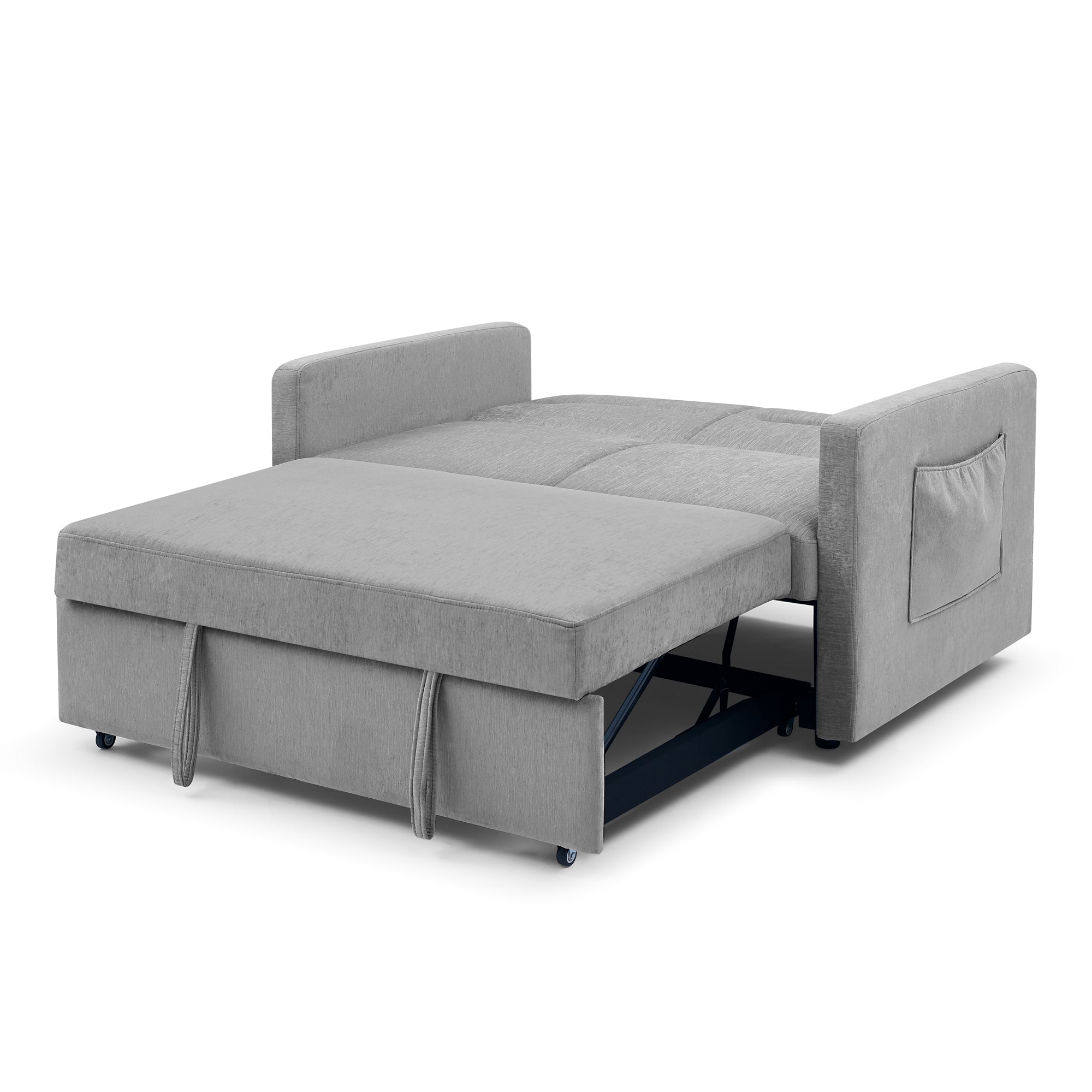 Grey Loveseat Sofa Bed with Pull-Out, Adjustable Back & Arm Pockets