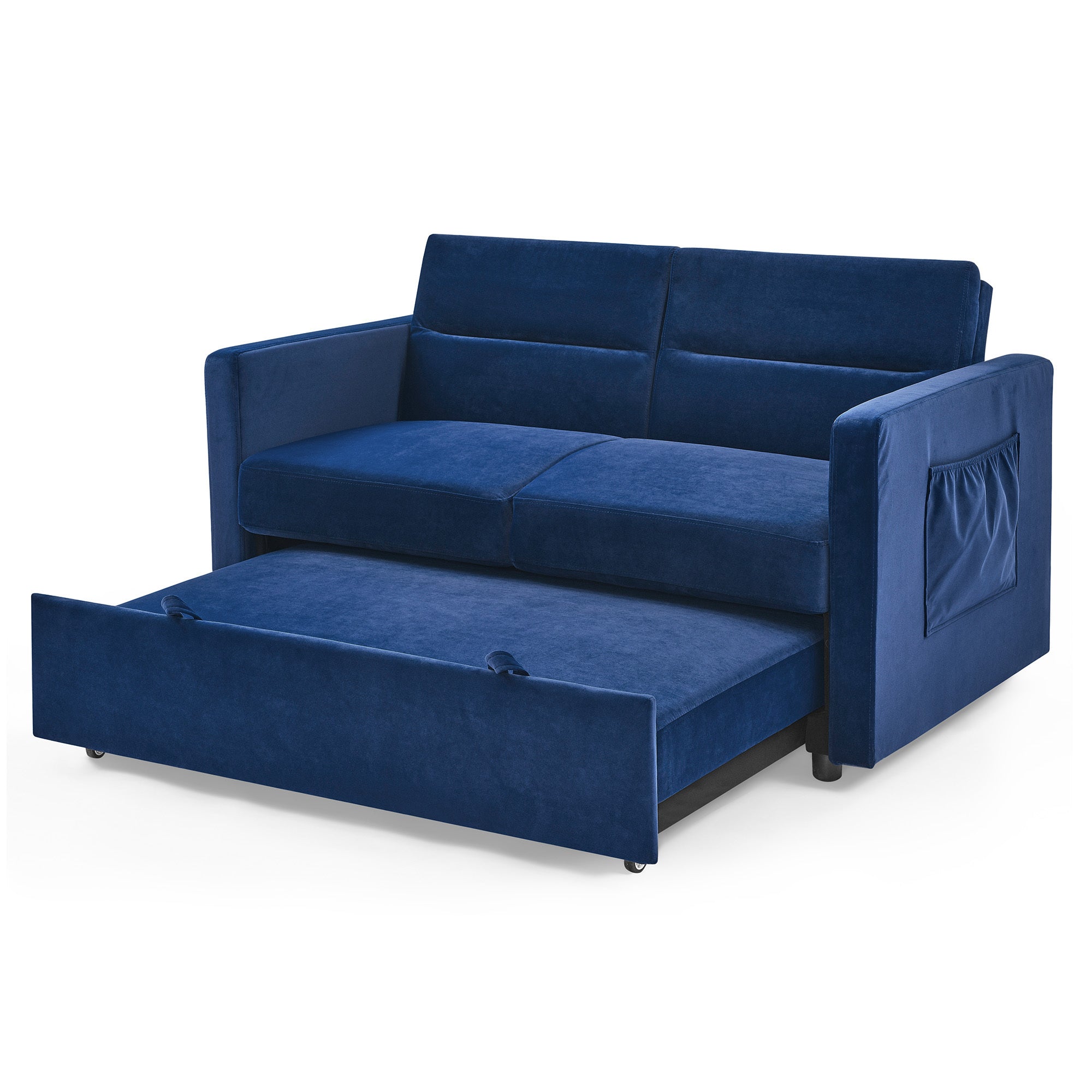 Blue Loveseat Sofa Bed with Pull-Out, Adjustable Back & Arm Pockets