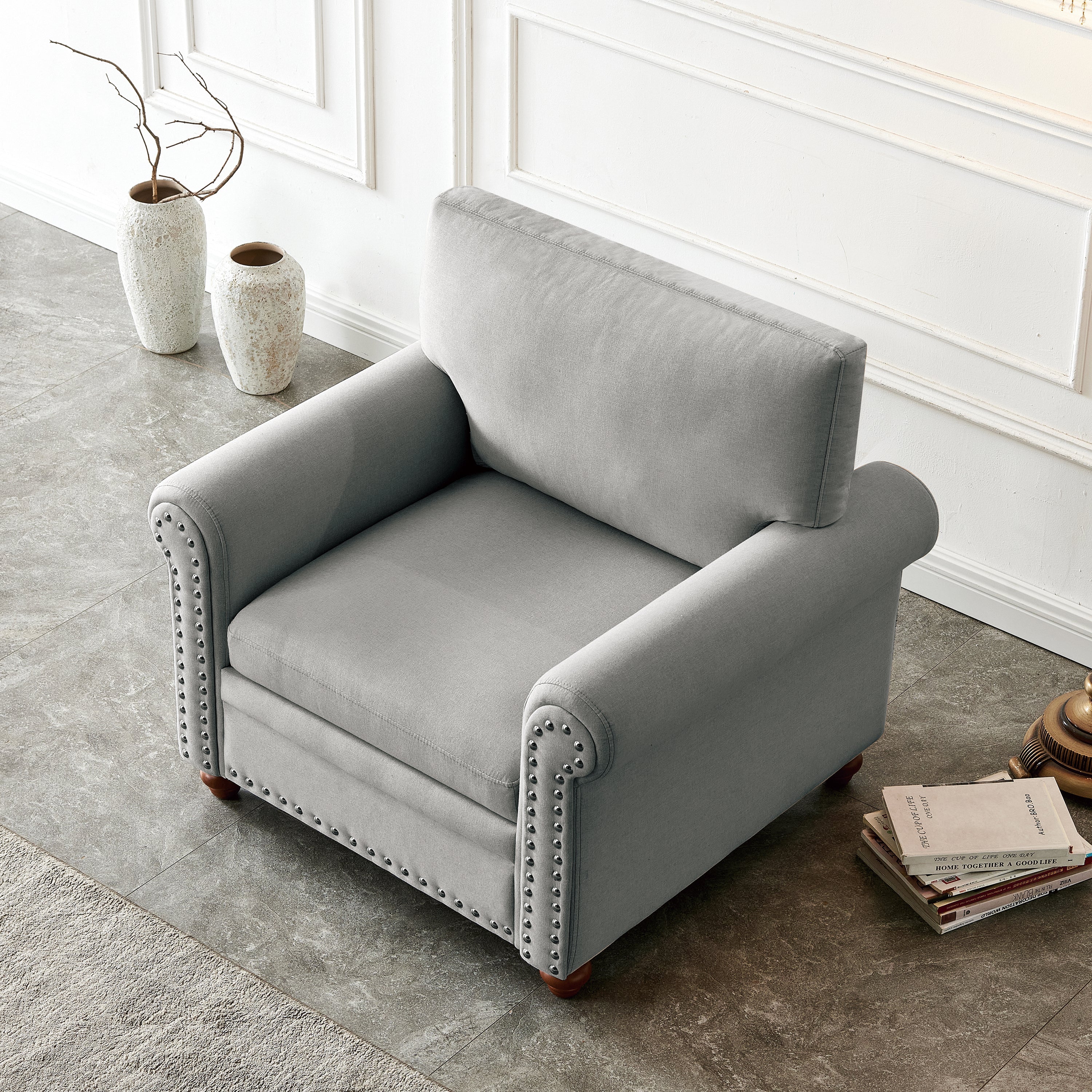 Grey Fabric Living Room Sofa Chair with Wood Legs, Single Seat