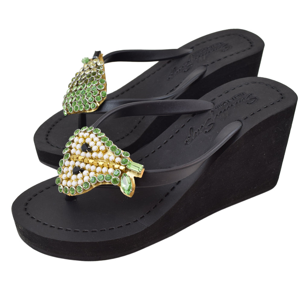 Pear - Green Rhine Stone Embellished Women's High Wedge Heel Flip Flops Sandal