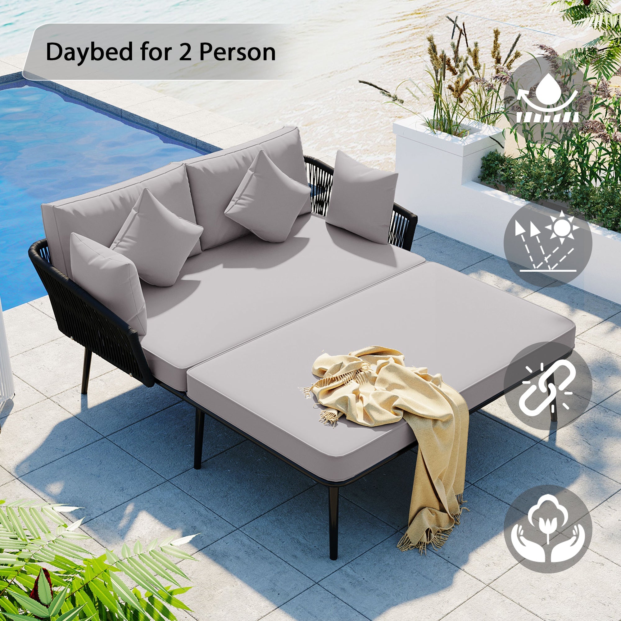 Outdoor Patio Daybed, Woven Rope Backrest, Washable Cushions, Gray