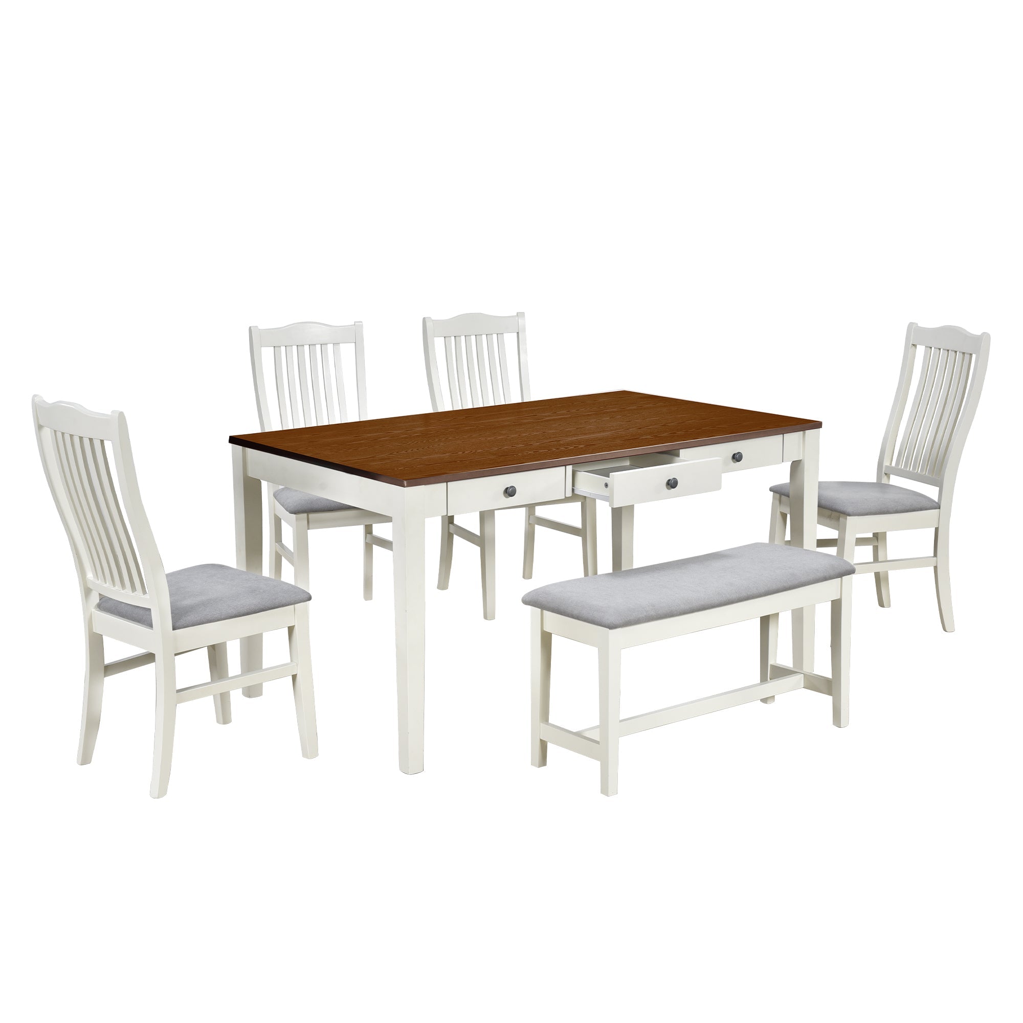 Mid-Century 6-Piece Wood Dining Set with Drawer, Upholstered Chairs