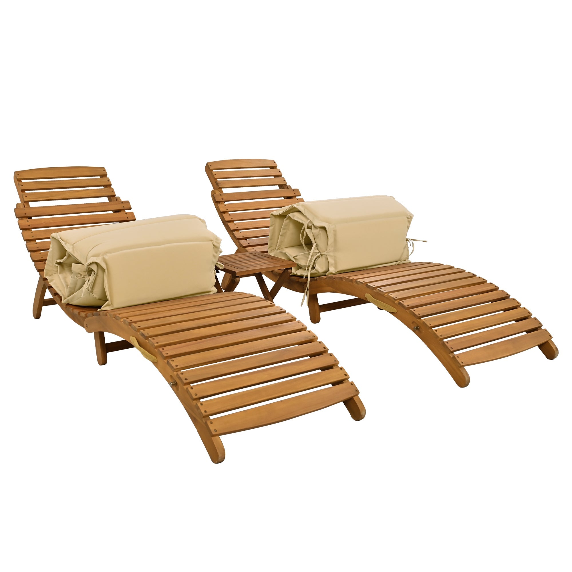 Portable Wood Chaise Lounge Set with Foldable Table, Brown - Patio/Pool/Garden