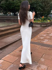 Elegant Tossy White Knit Maxi Dress - Short Sleeve, Patchwork, Lapel, High Waist